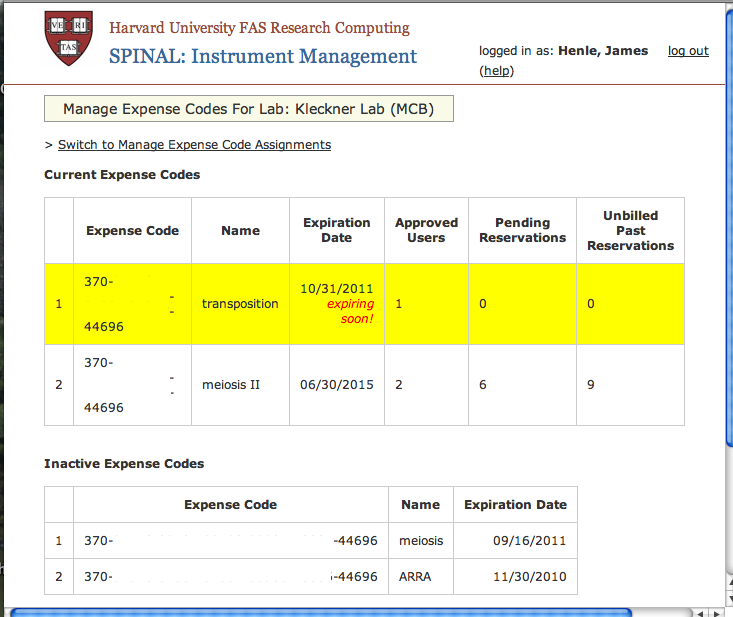 Viewing a lab's expense codes